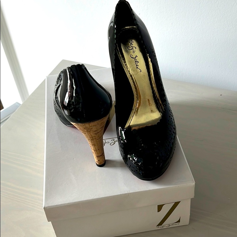 Sergio Zelcer black latent peep-toe heels